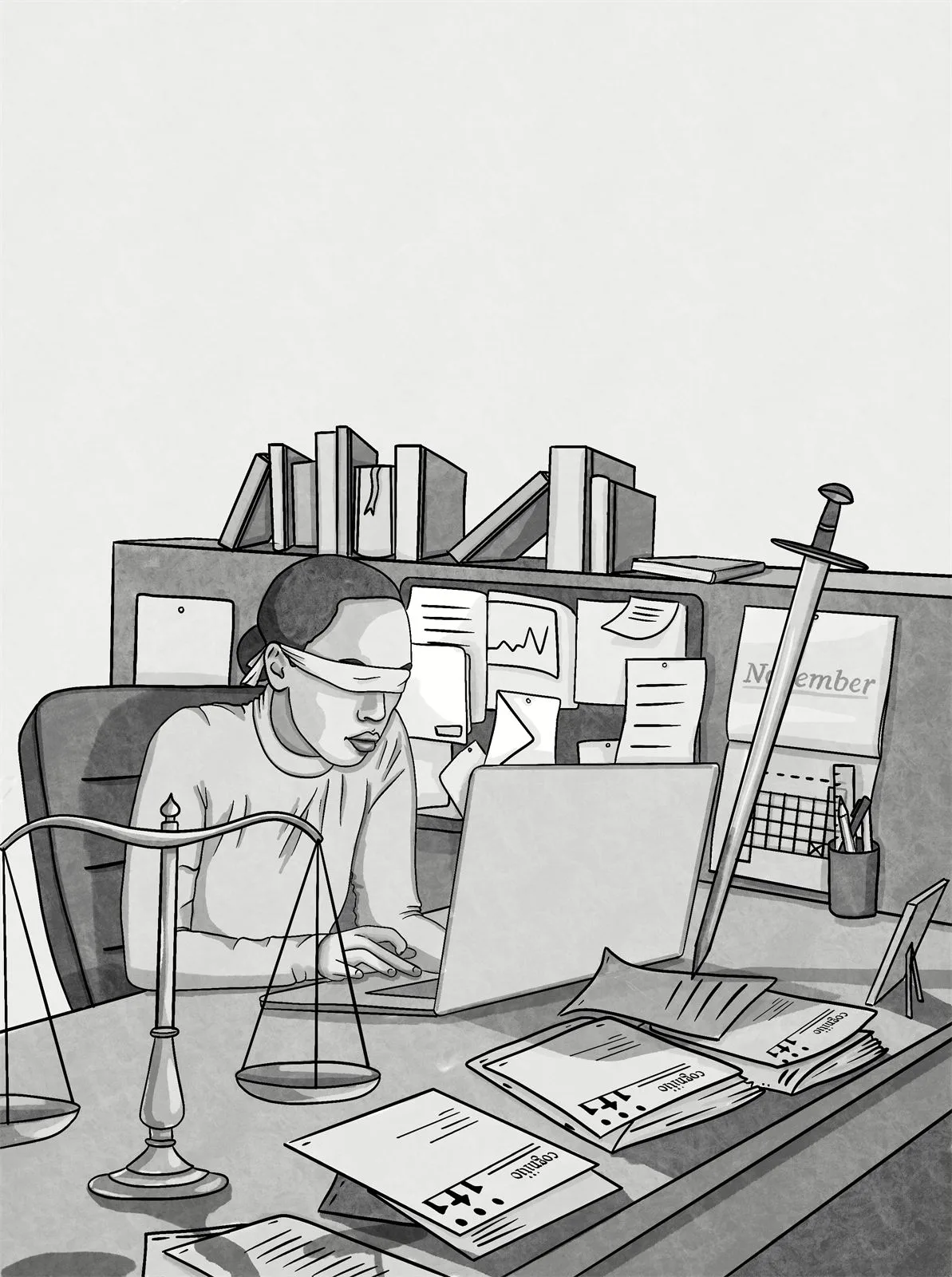 Illustration einer Frau mit Augenbinde an einem Schreibtisch mit Waage und Gesetzbüchern