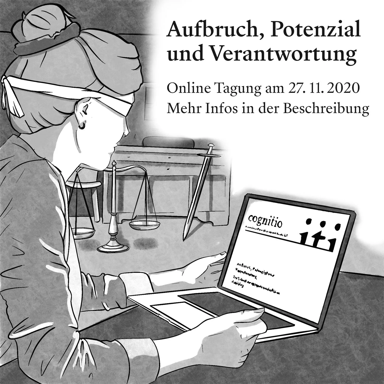 Illustration einer Frau am Laptop für die Online-Tagung «Aufbruch, Potenzial und Verantwortung»