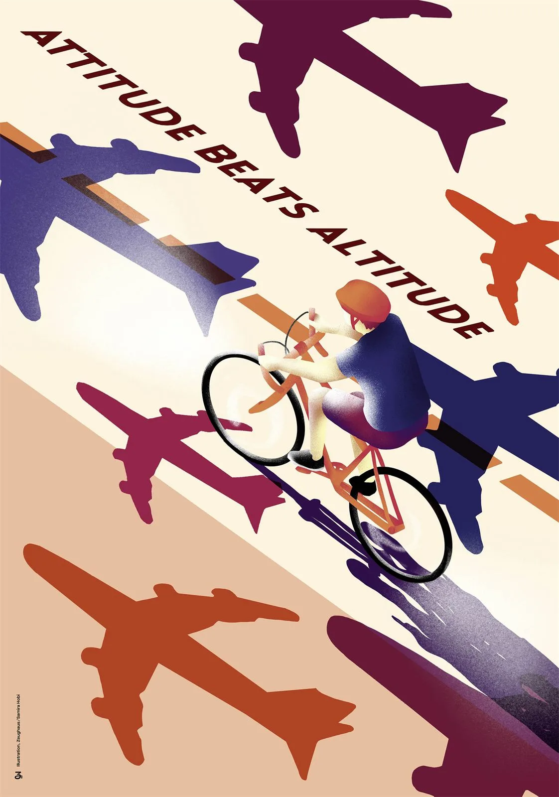 Plakat «Attitude beats Altitude» mit Velofahrer und Flugzeugen