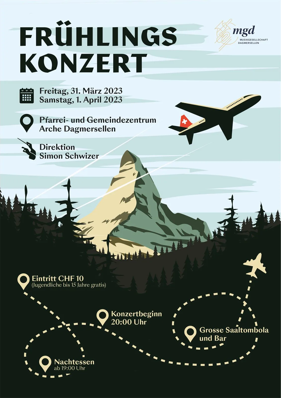 Flyer Frühlingskonzert 2023 der Musikgesellschaft Dagmersellen mit Matterhorn und Flugzeug