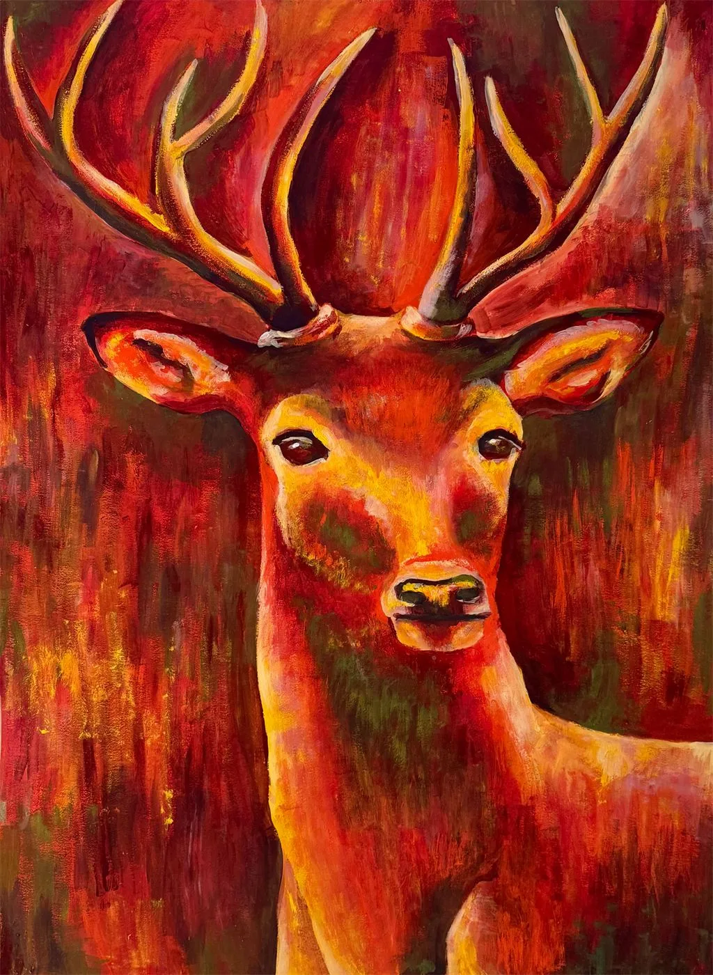 Gemälde Hirsch: Hirsch mit grossem Geweih, frontal, in Rot-, Orange- und Goldtönen