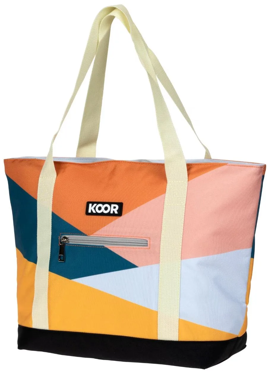Kühltasche von KOOR mit Farbflächen in Orange, Rosa und Petrol