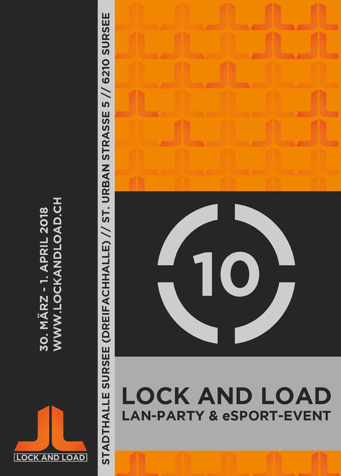 Flyer Lock and Load 10, LAN-Party in der Stadthalle Sursee 2018, in Orange und Grau mit grosser 10
