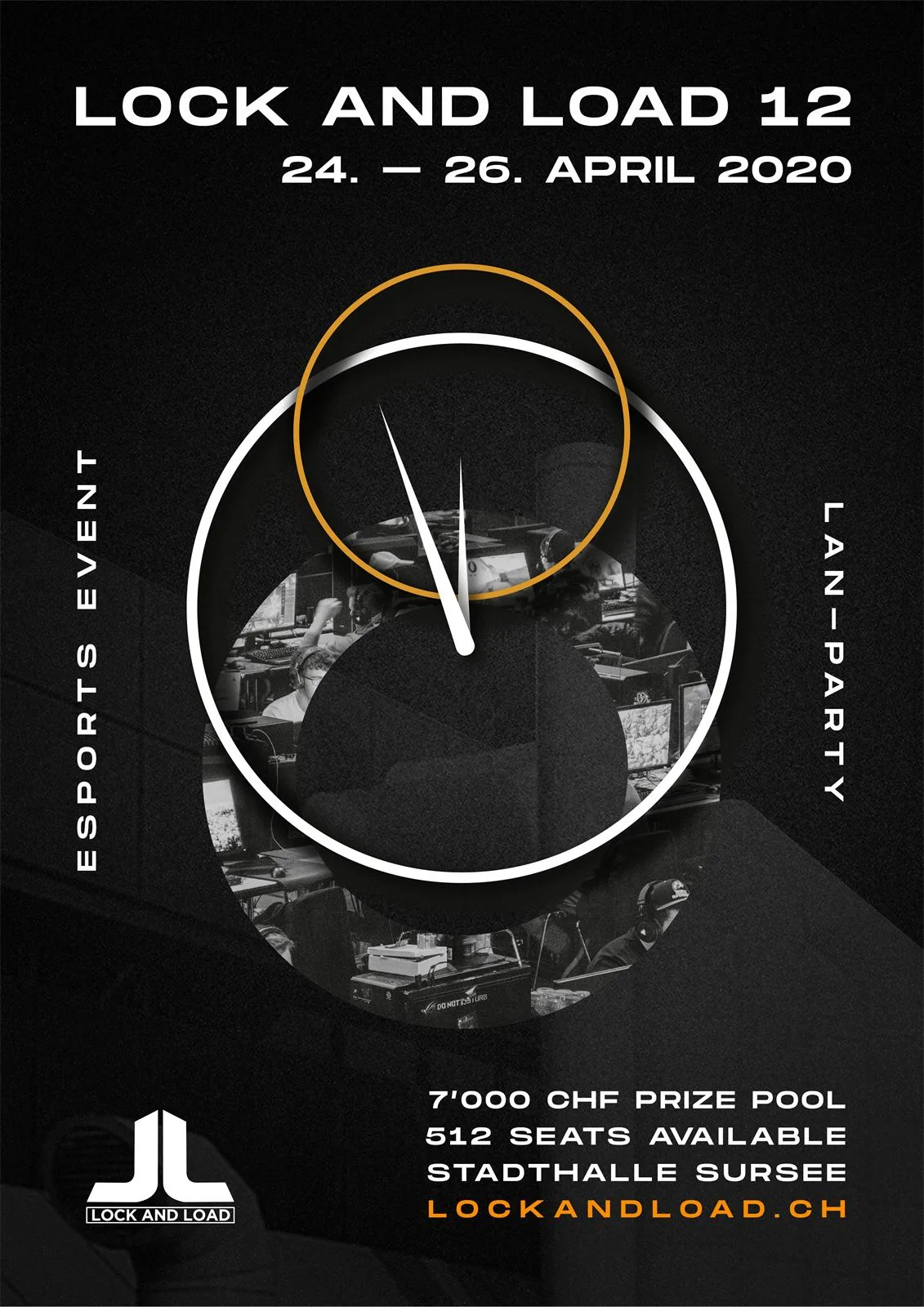 Flyer Lock and Load 12, LAN-Party in der Stadthalle Sursee mit Uhr-Motiv