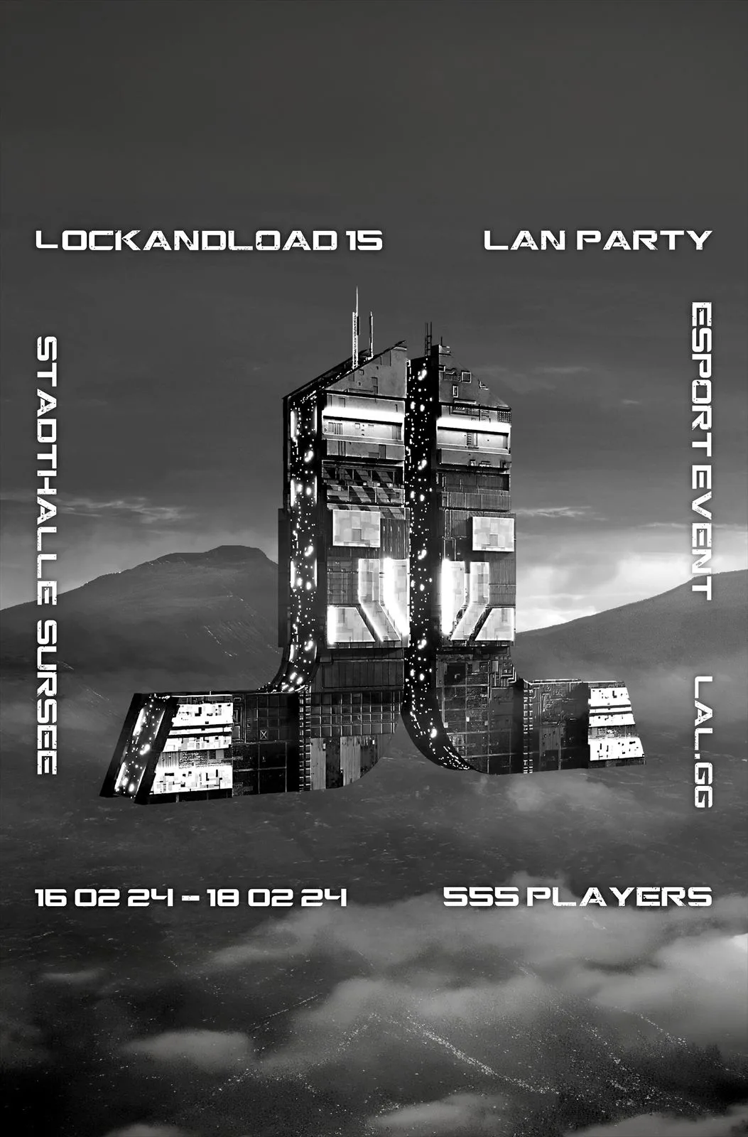Flyer Lock and Load 15 in Schwarzweiss mit einem Turm aus Computern über den Wolken