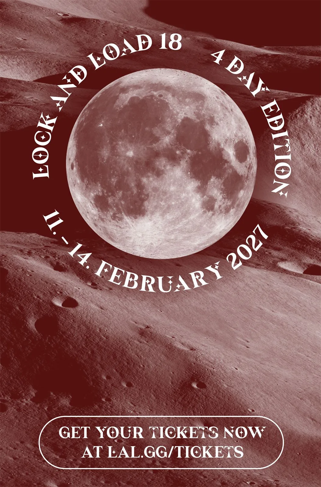 Flyer Lock and Load 18, 4-Day-Edition im Februar 2027, mit Vollmond über einer Mondlandschaft in Dunkelrot