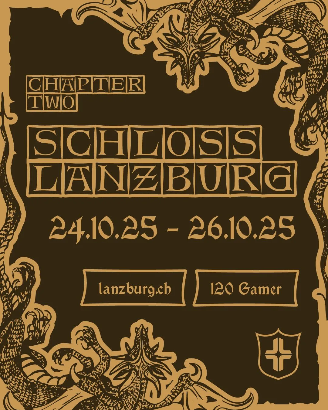 Flyer für die LAN-Party Schloss Lanzburg 2025 mit Ornamenten