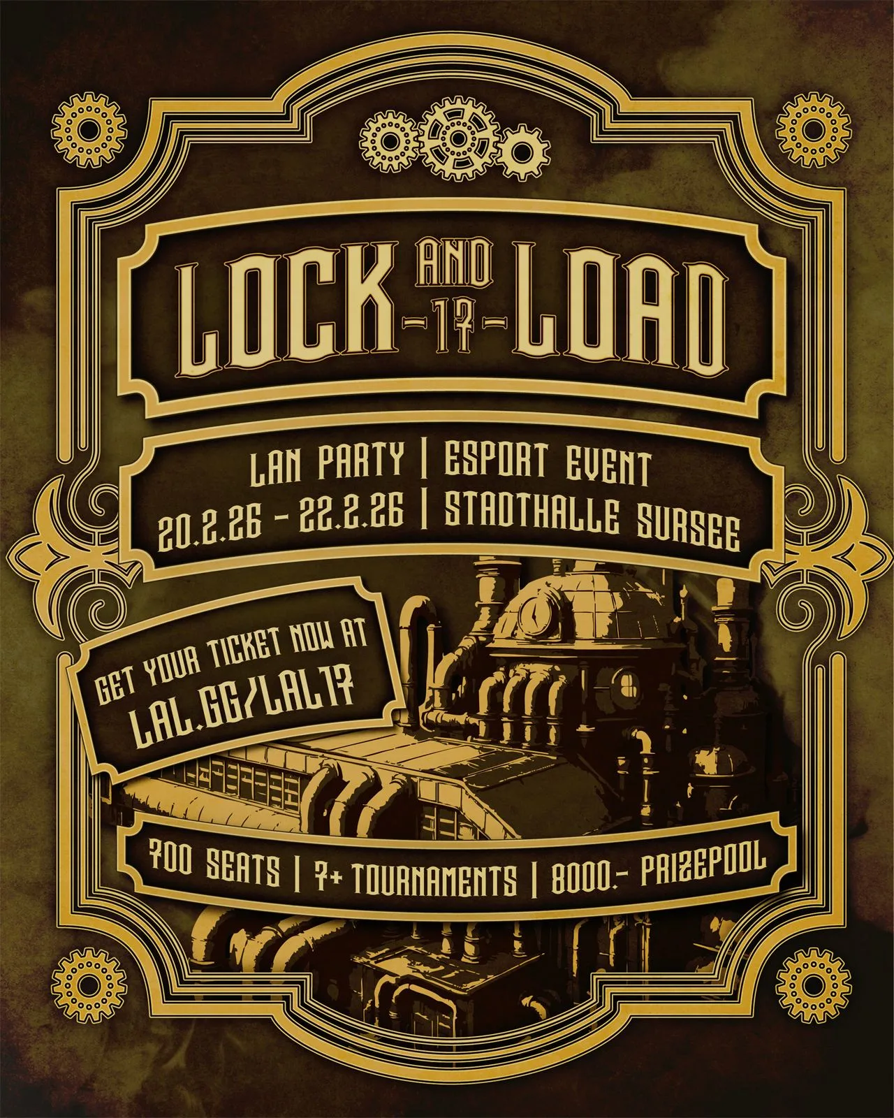 Flyer Lock and Load im Steampunk-Stil in Gold und Braun