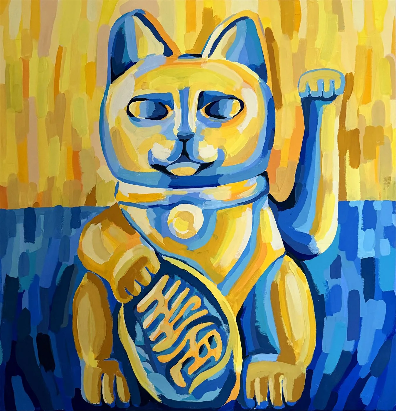 Gemälde Maneki Neko: winkende Glückskatze in Gelb und Blau vor gelb-blauem Hintergrund