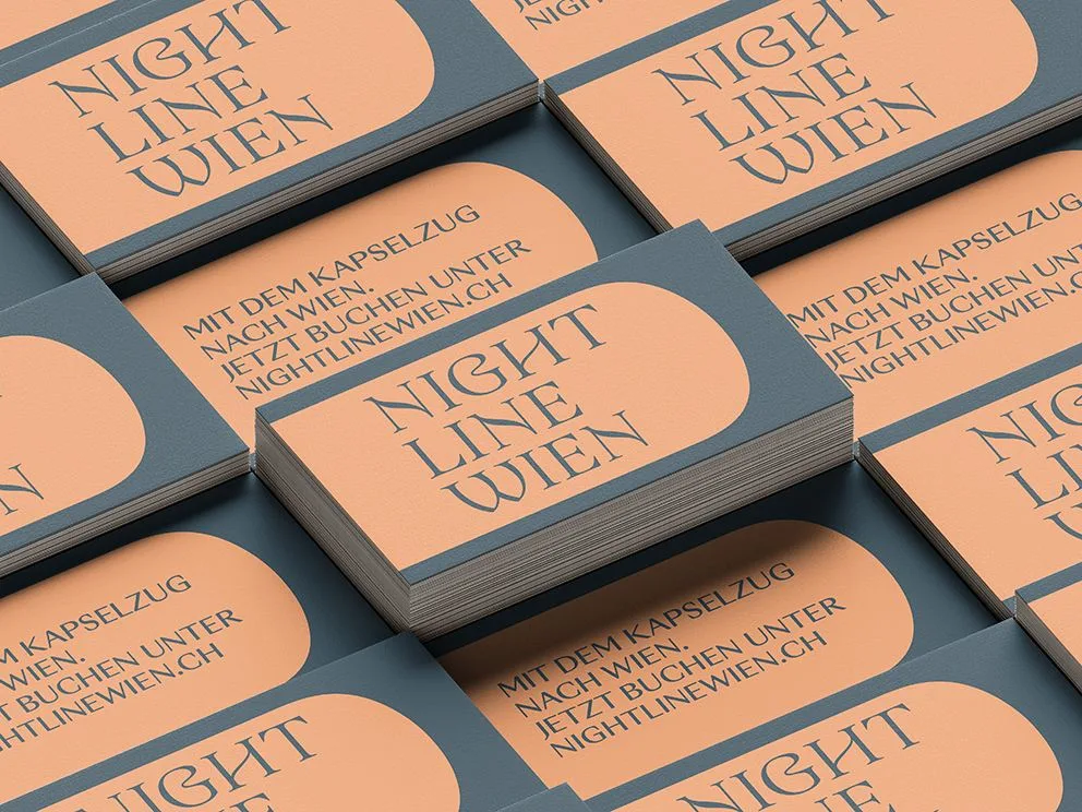 Visitenkarten für Nightline Wien in Pfirsich und Graublau