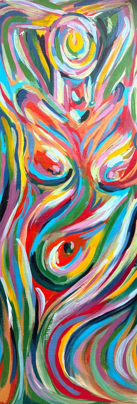 Gemälde Venus: weibliche Figur aus geschwungenen bunten Linien im schmalen Hochformat