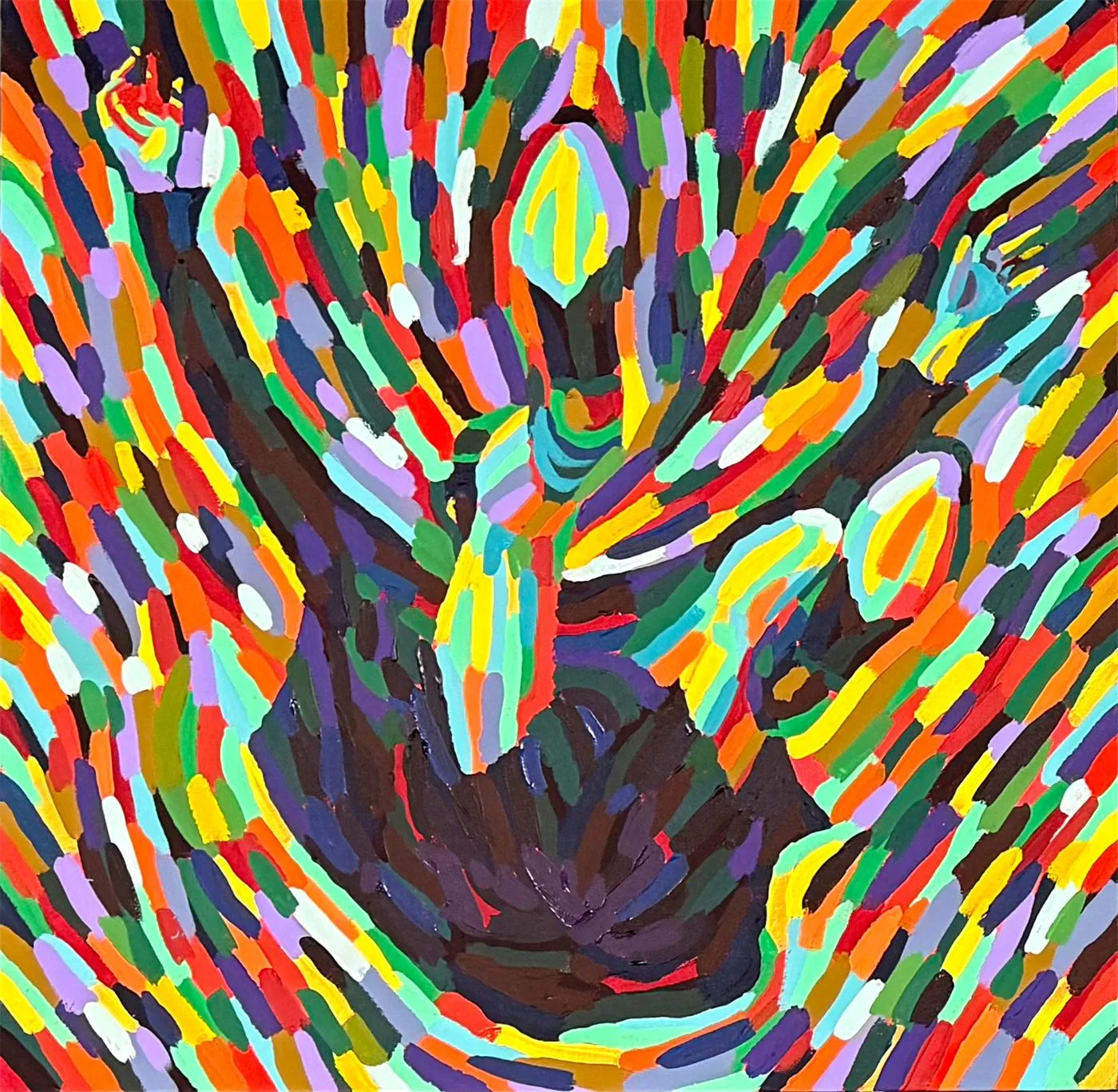 Gemälde Zeitdilation 1: dunkle Figur mit ausgestreckten Armen in einem Wirbel aus bunten Pinselstrichen