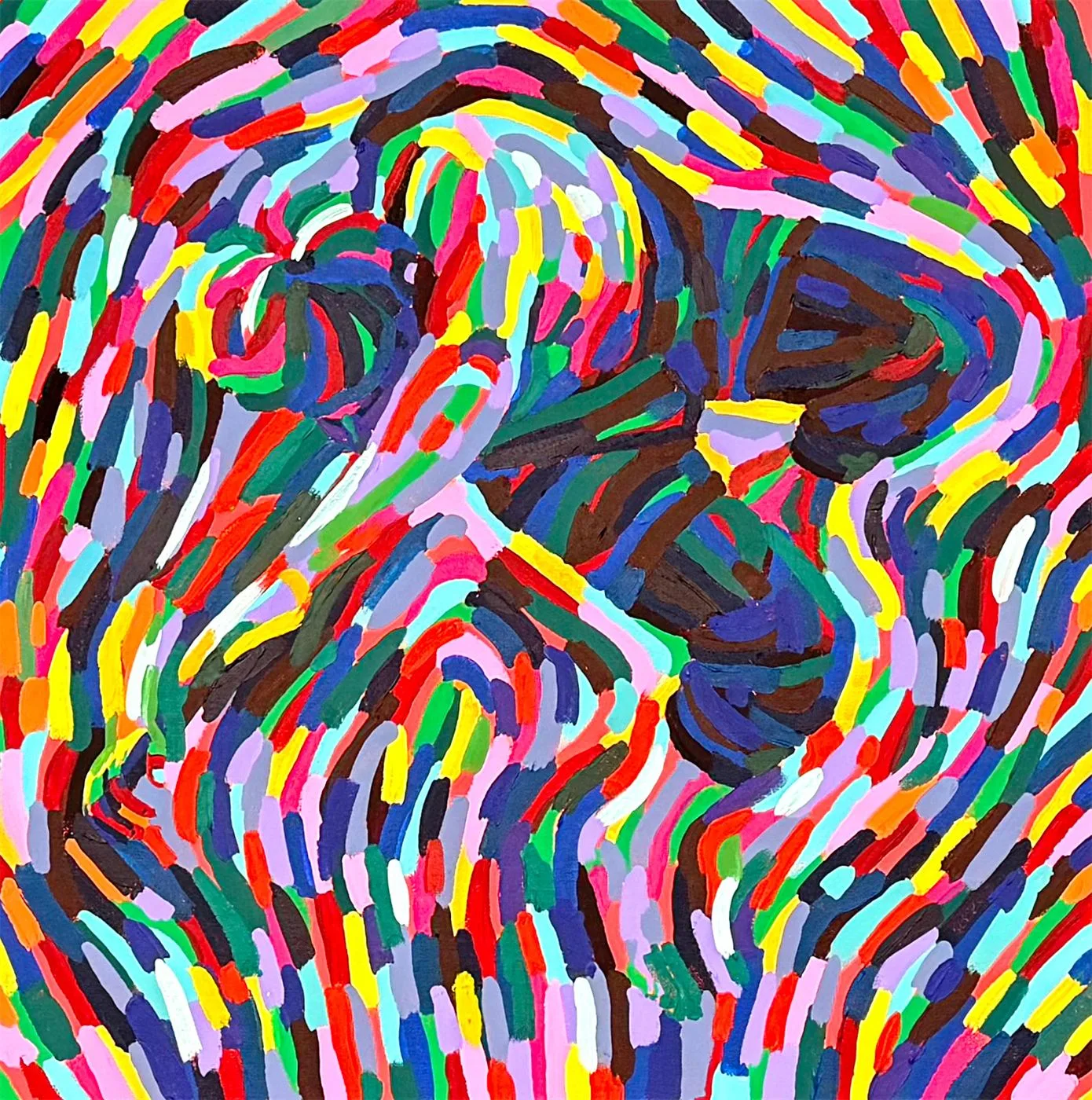 Gemälde Zeitdilation 2: dunkle, zusammengekauerte Figur in einem Strudel aus bunten Pinselstrichen
