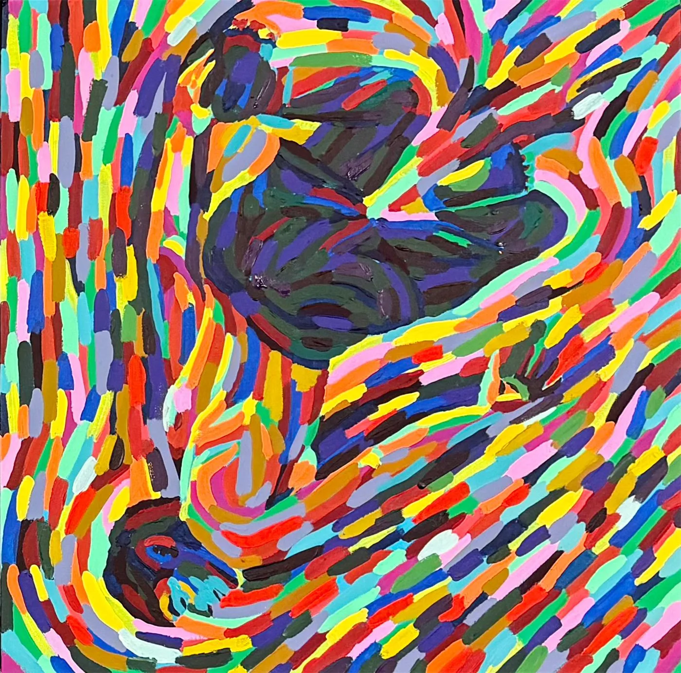 Gemälde Zeitdilation 3: dunkle Figur, die kopfüber durch einen Strudel aus bunten Pinselstrichen stürzt